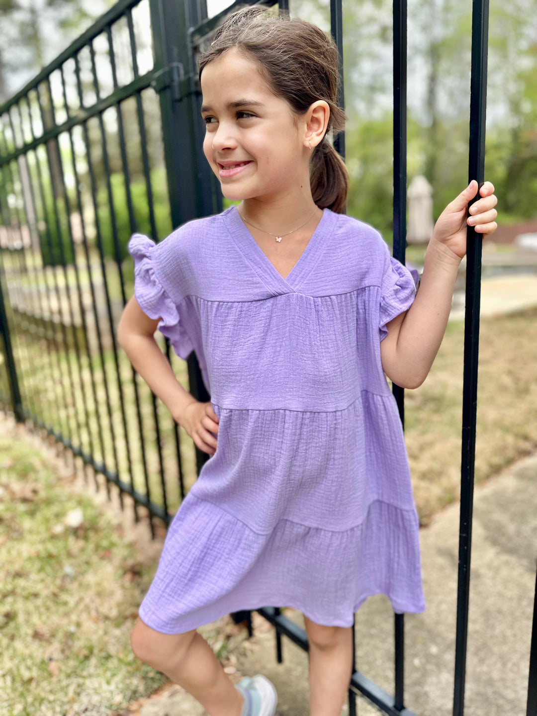 purple gauze dress Cotton Gauze Ruffle Midi Dress- Lavender