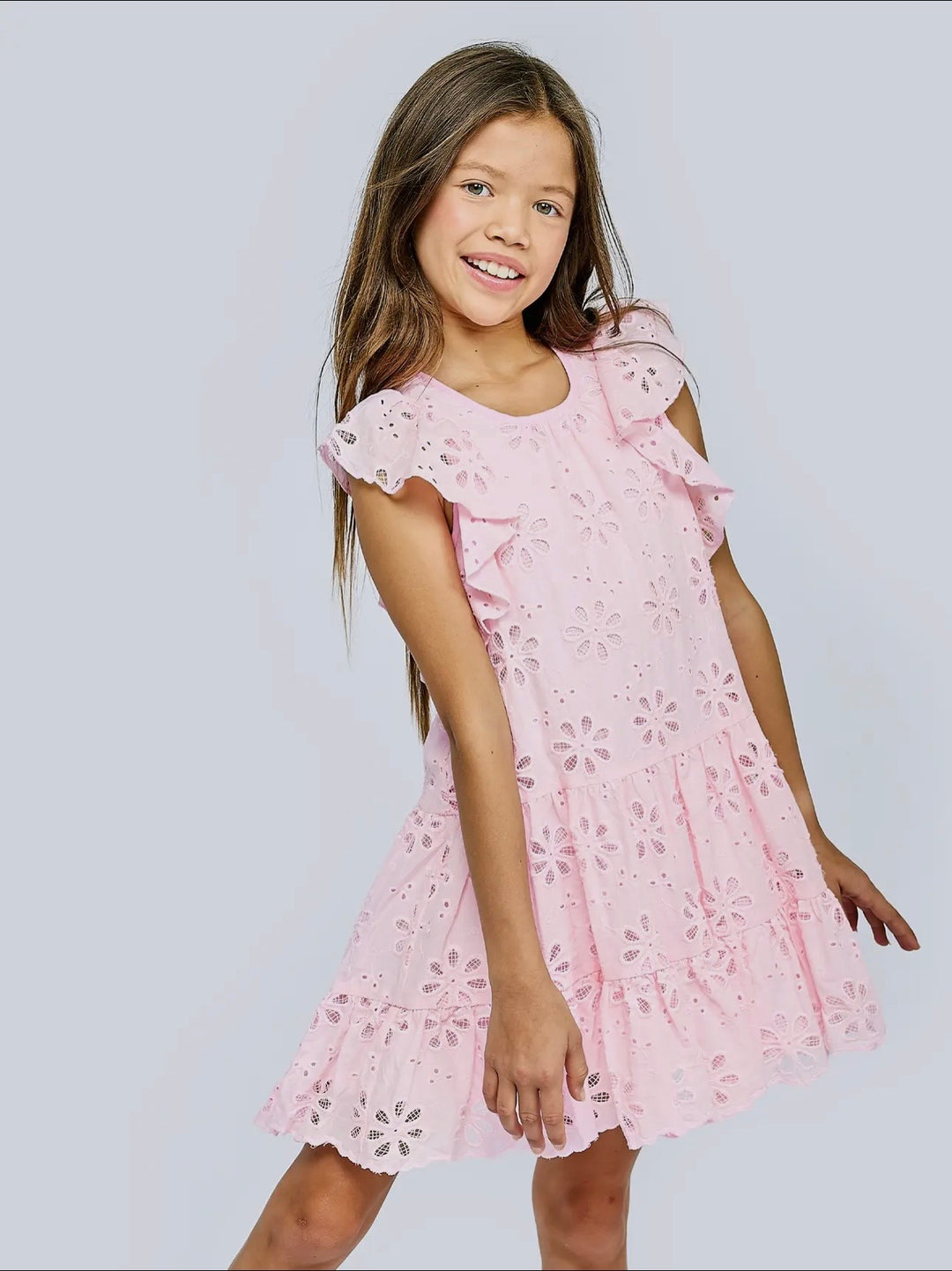Tiered Eyelet Dress-PINK