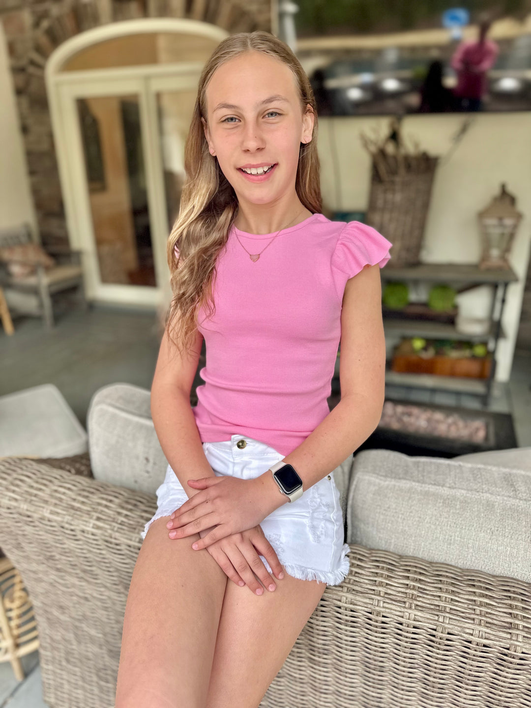 Pink Ruffle Sleeve Ribbed Top