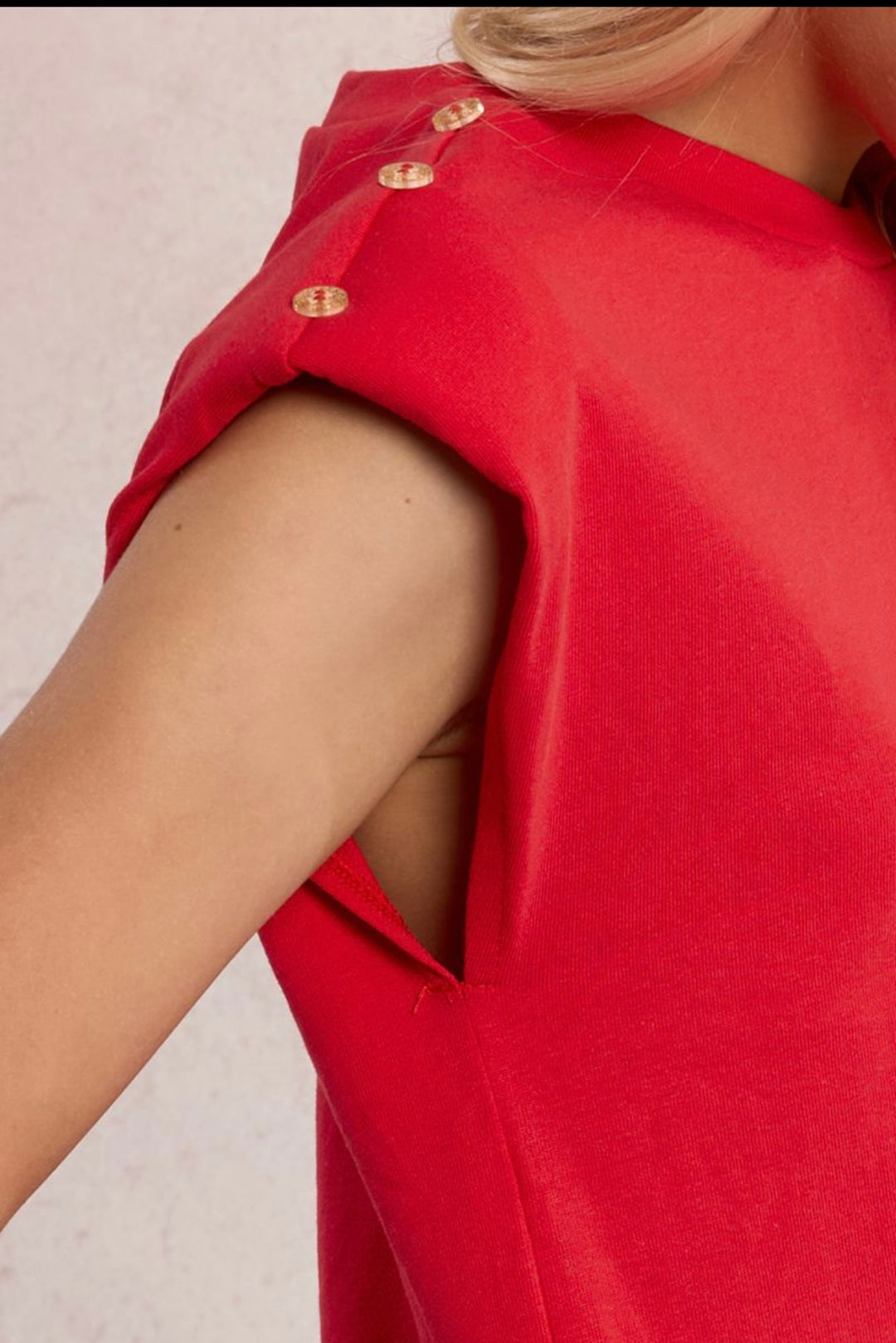 Red Knit Tee with Gold Buttons