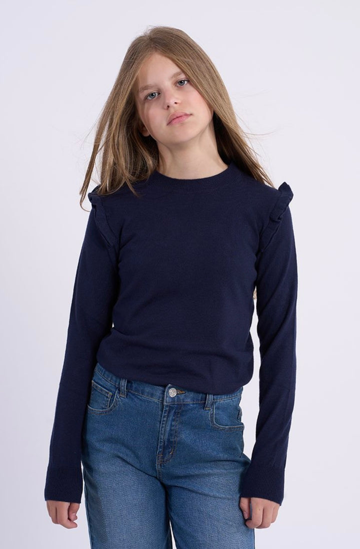 Navy Ruffle Sleeve Sweater