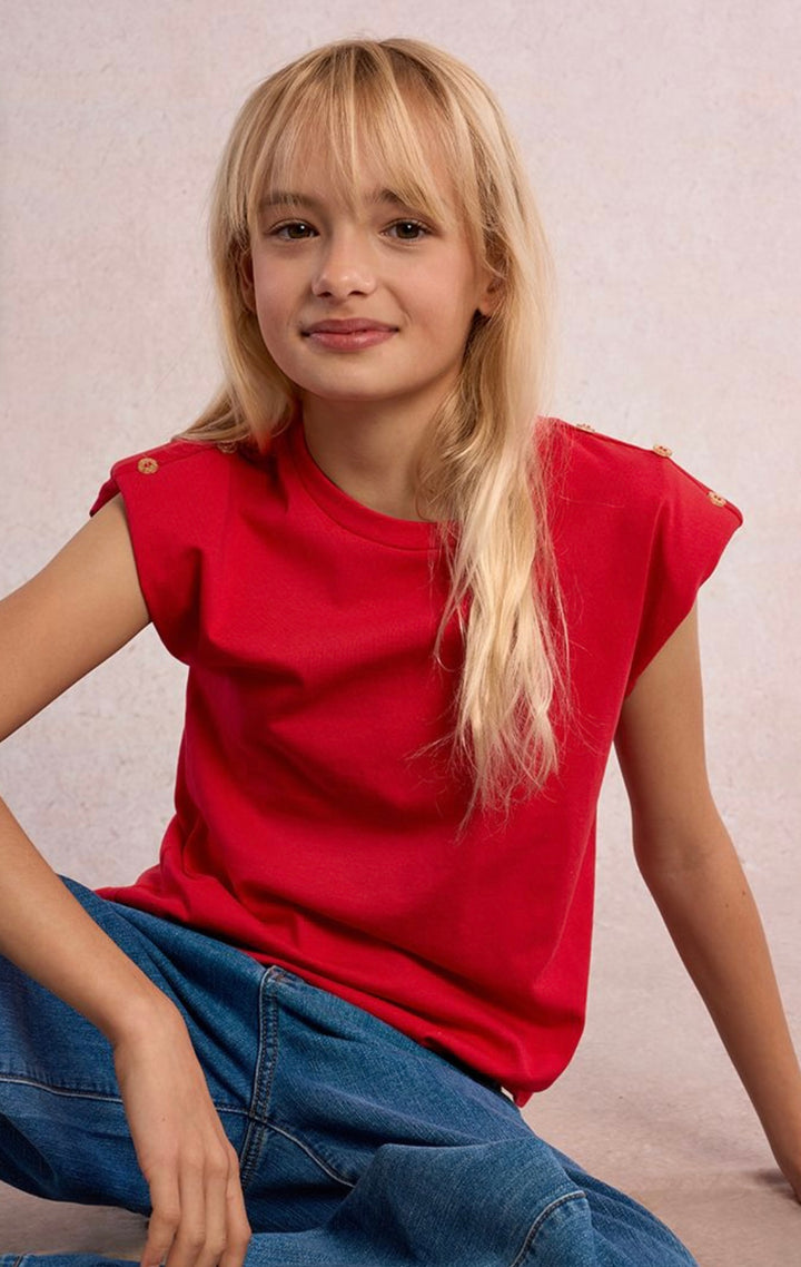 Red Knit Tee with Gold Buttons