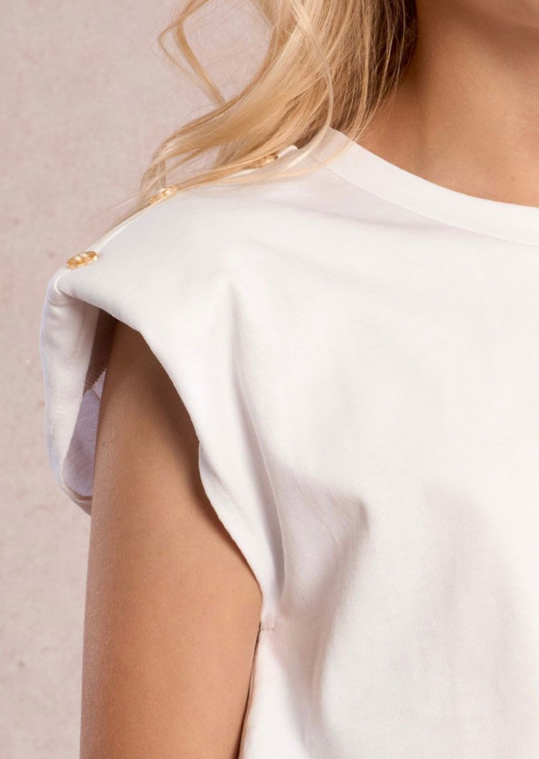 White Knit Tee with Gold Buttons