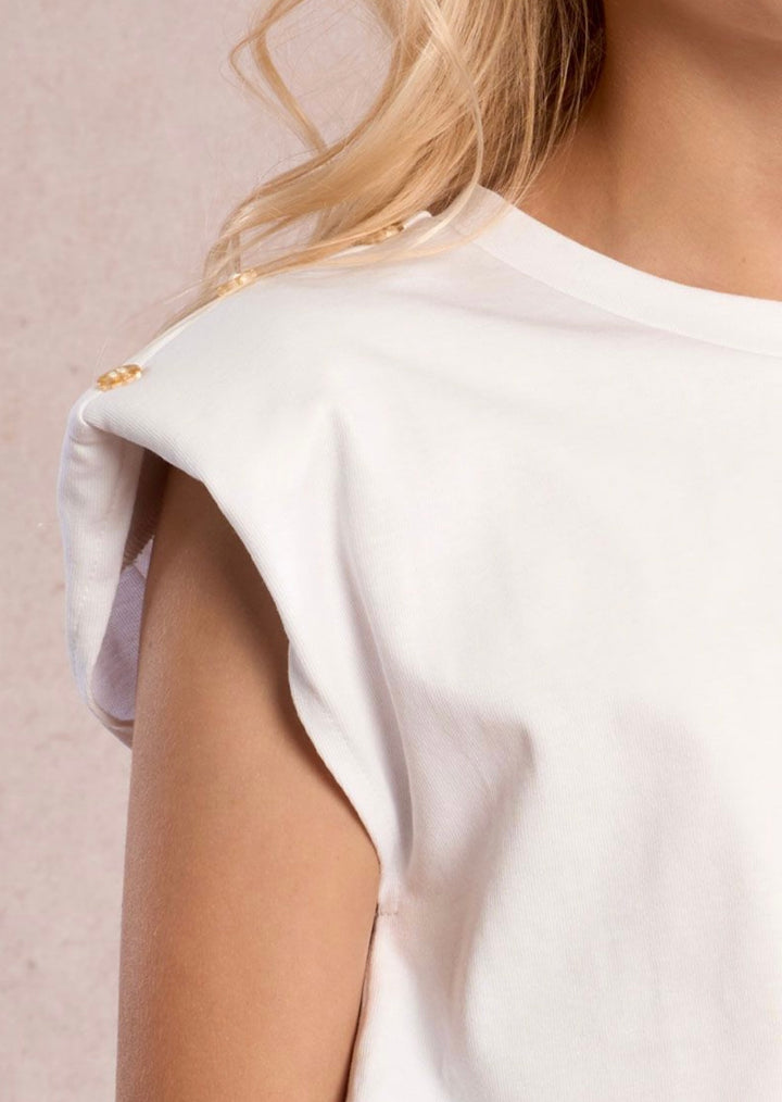 White Knit Tee with Gold Buttons