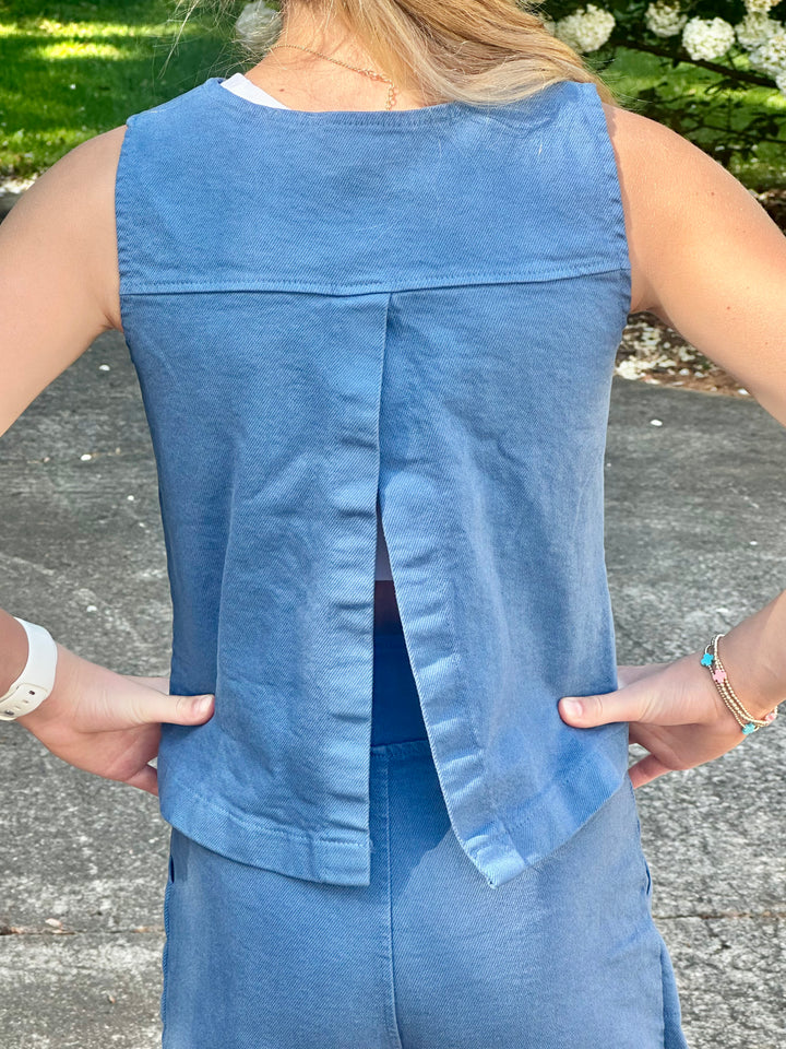 Blue Denim Split Back Top