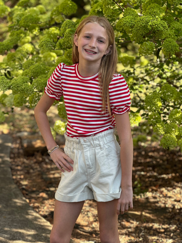 Red Stripe Puff Sleeve Top