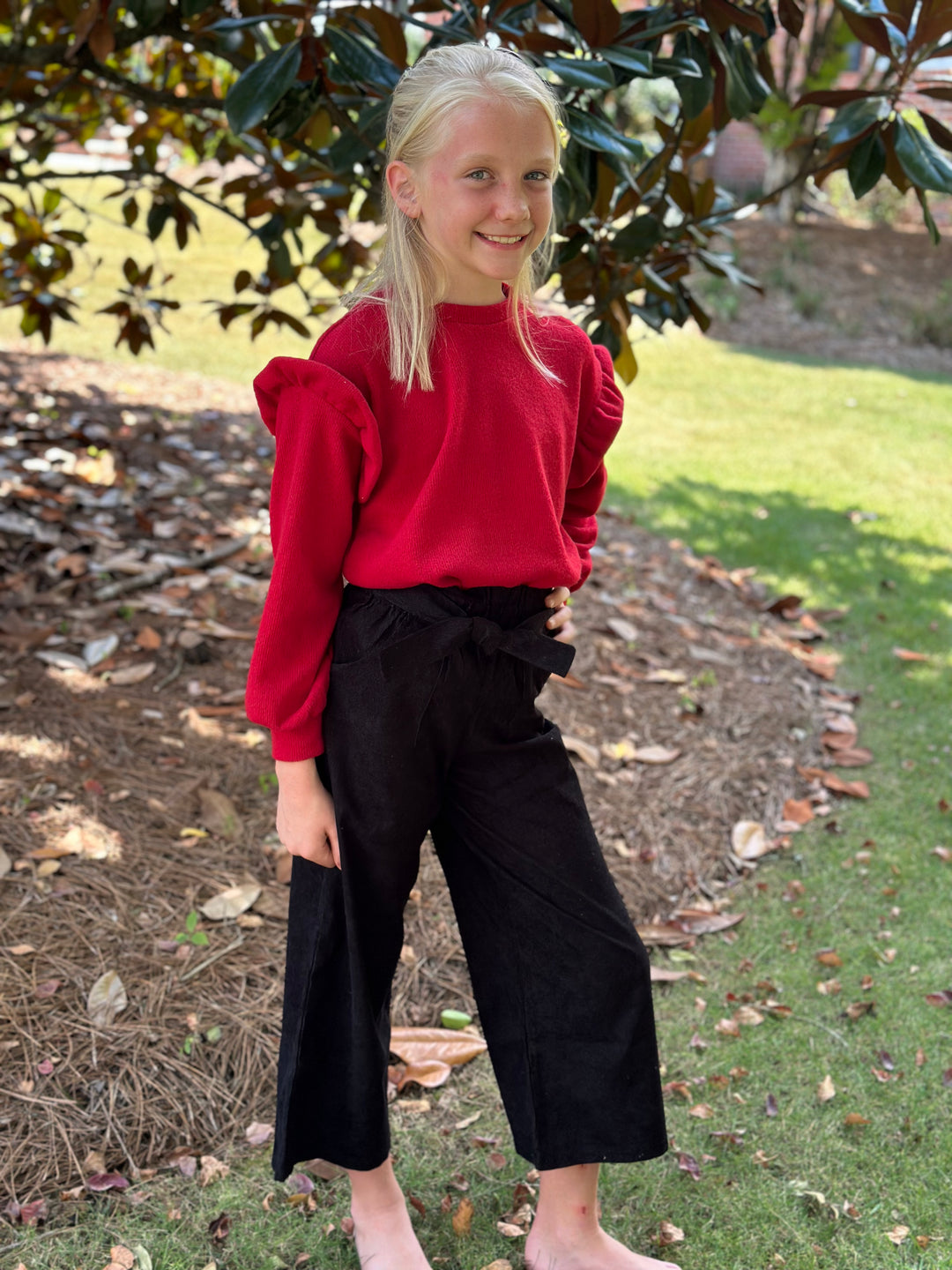 Red Ruffle Shoulder Brushed Knit Top