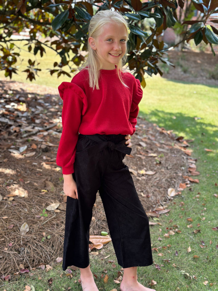 Red Ruffle Shoulder Brushed Knit Top