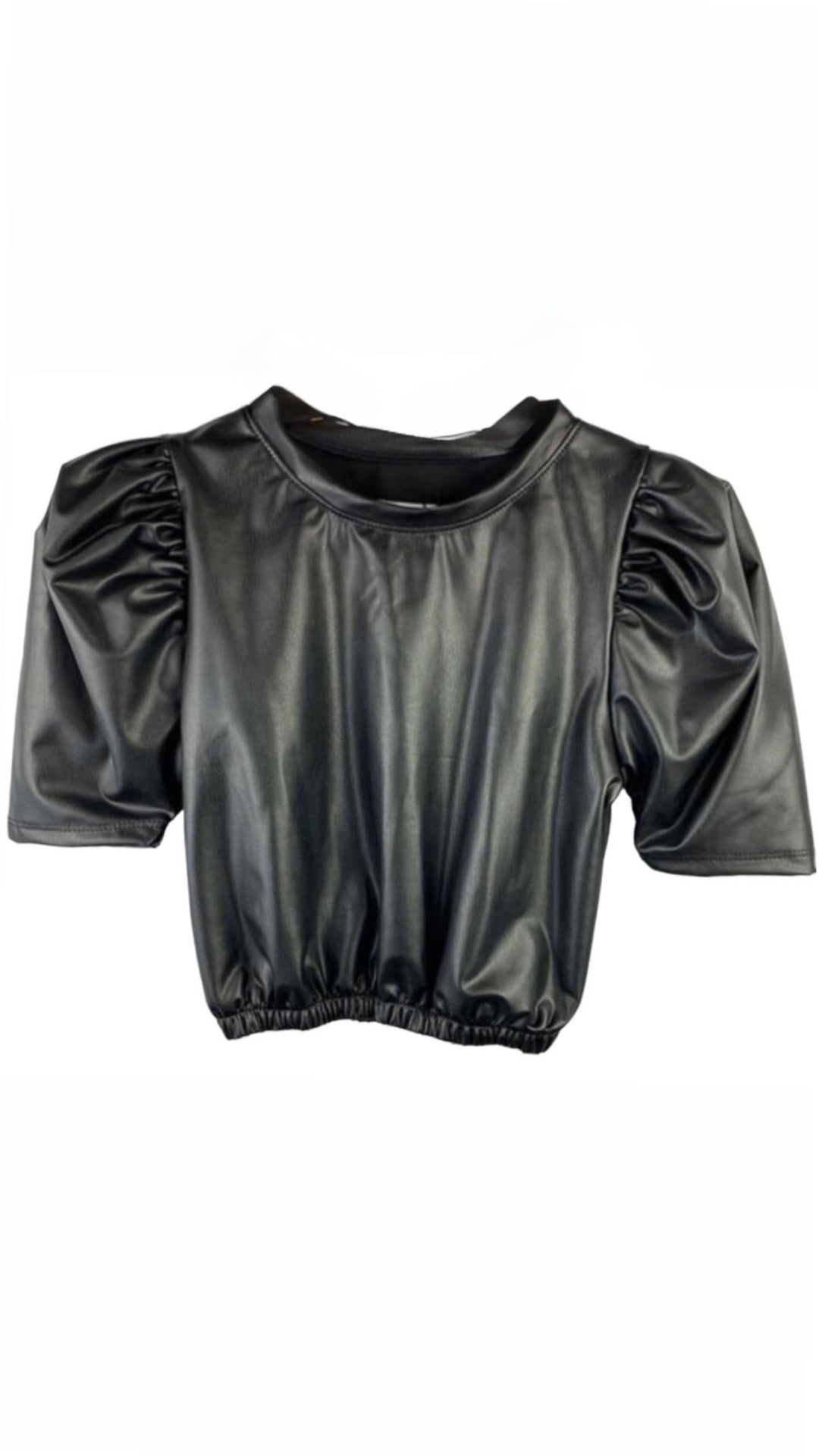 Black Leather Puff Sleeve Top - jernijacks