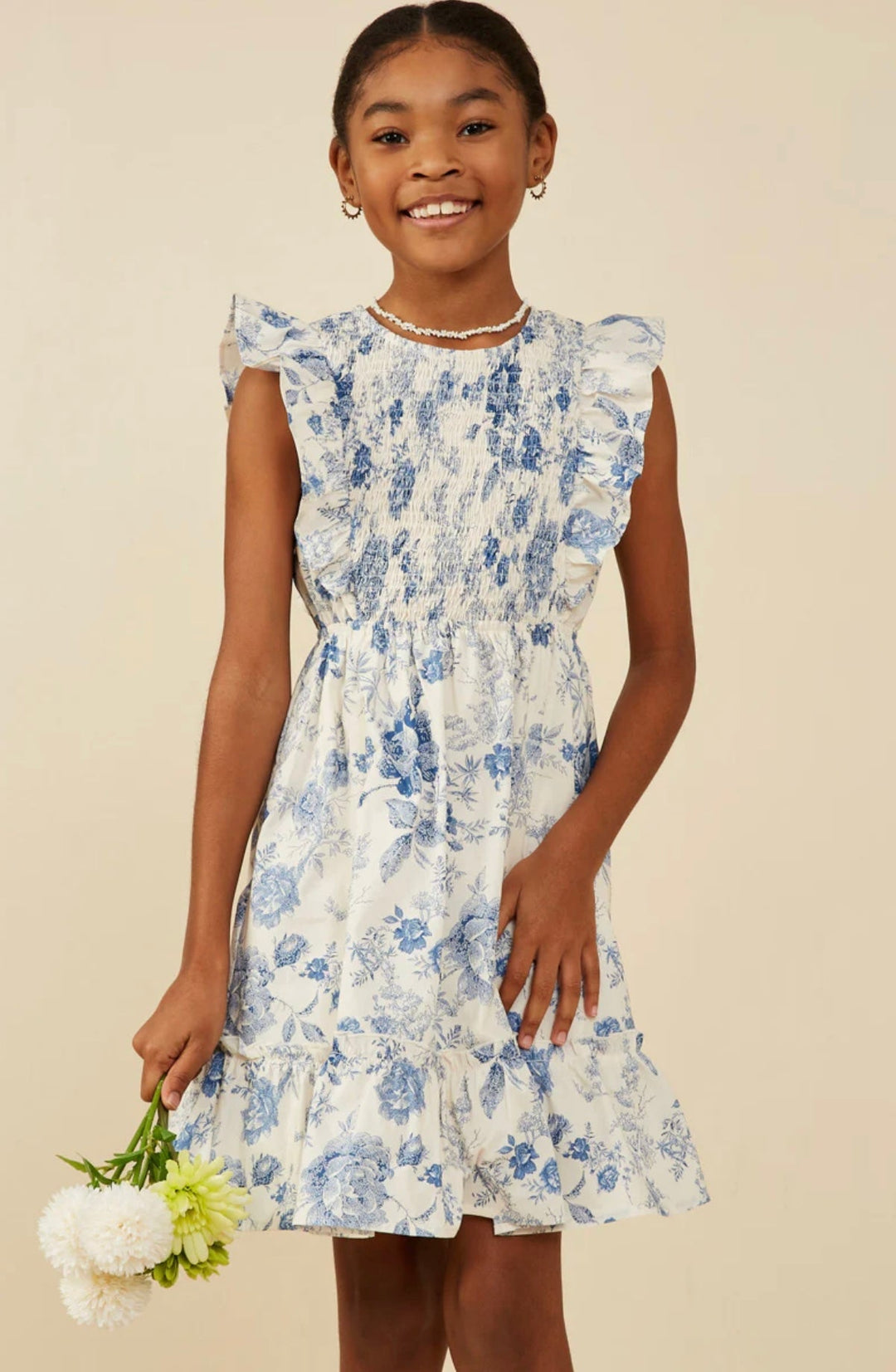 Blue Botanical Flutter Sleeve Dress - jernijacks