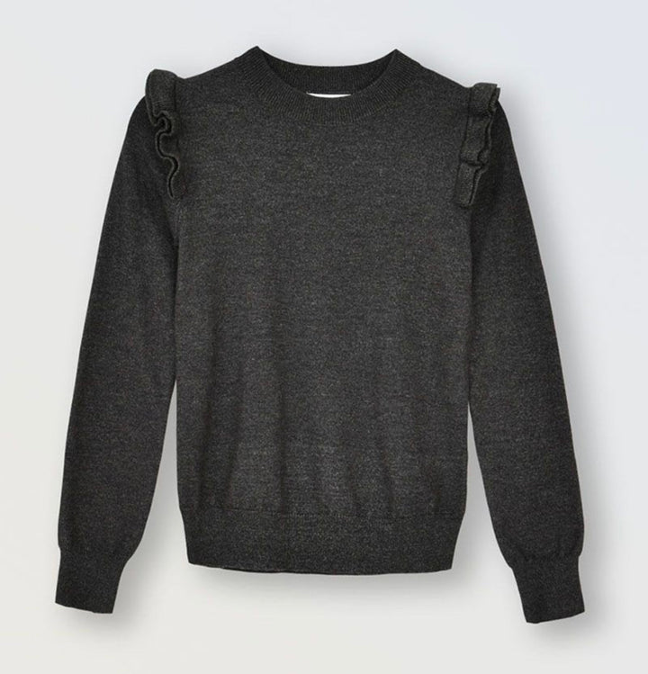 Dark Grey Ruffle Shoulder Sweater - jernijacks