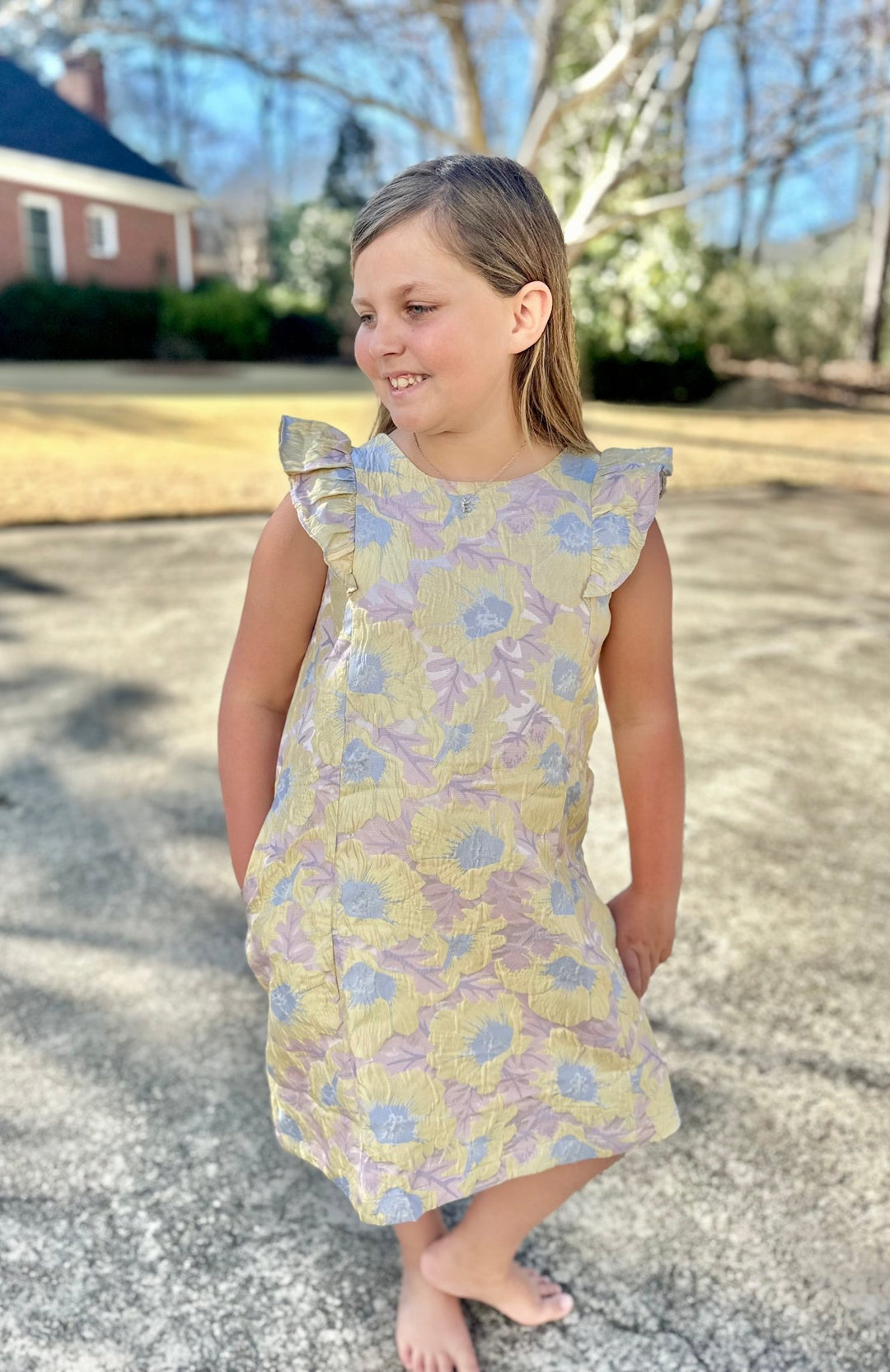 Girls Floral Jacquard Ruffled Shoulder Dress - jernijacks