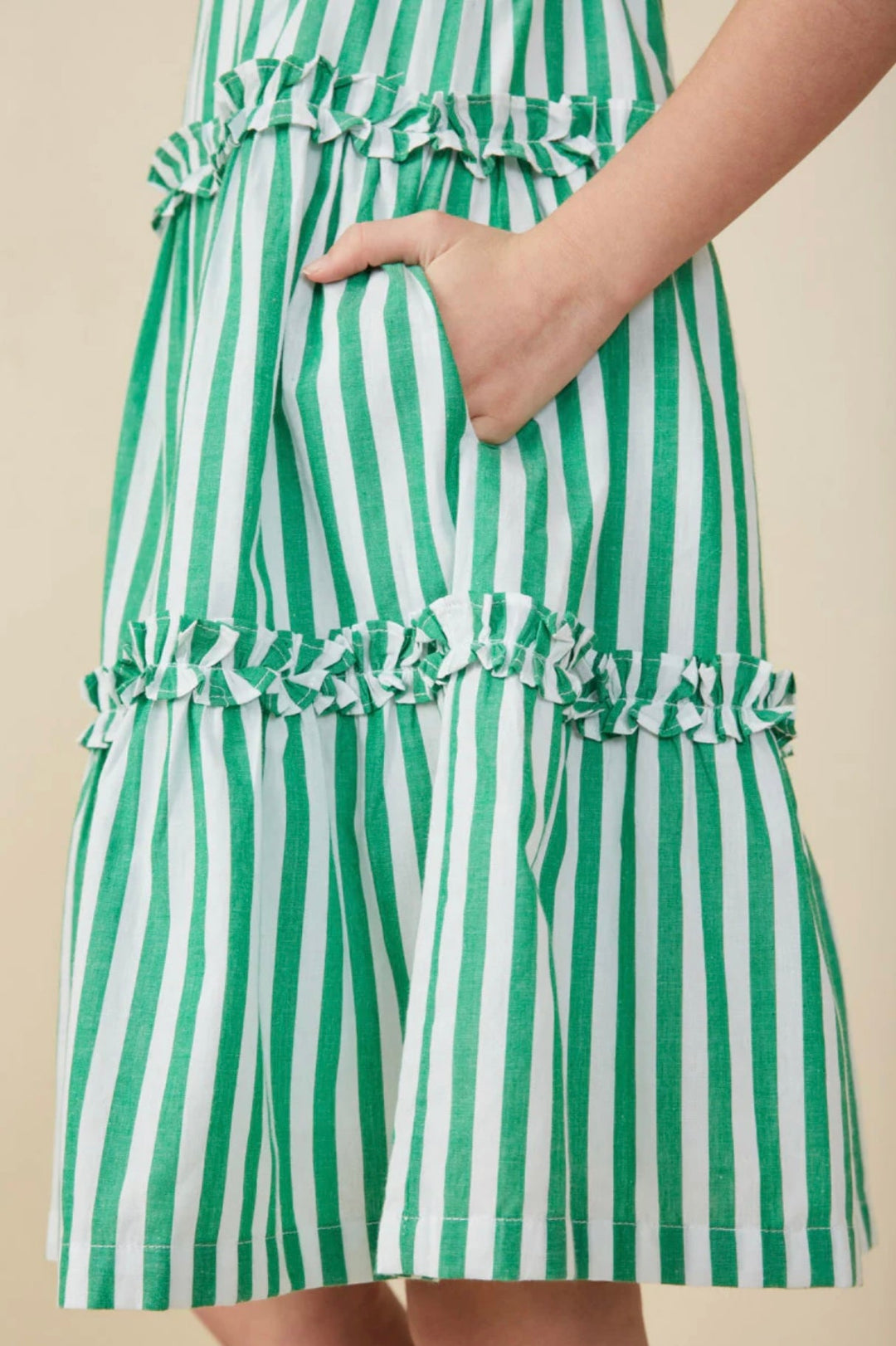 Green Ruffle Trimmed Poplin Stripe Dress - jernijacks