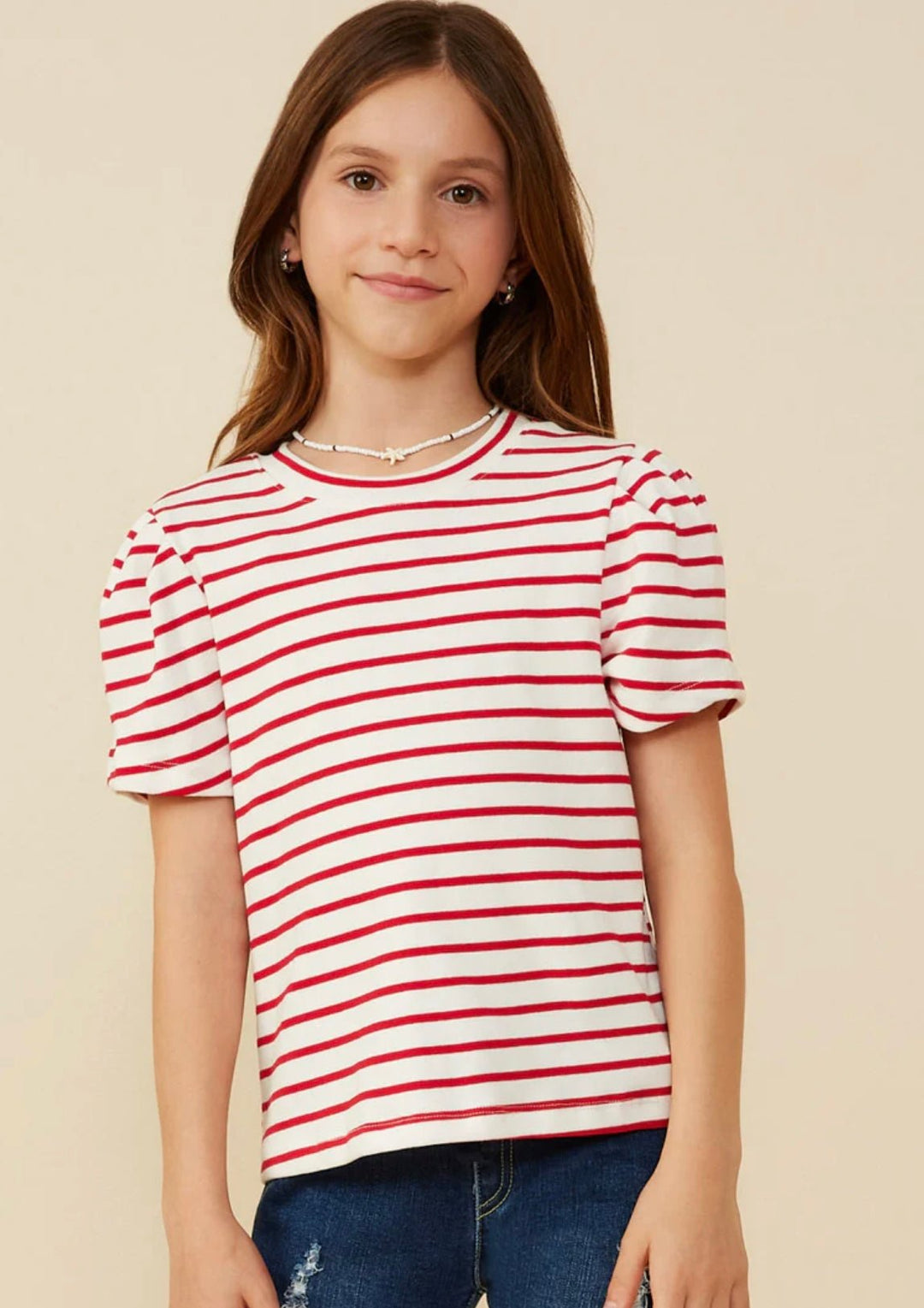 Red Stripe Puff Sleeve Top - jernijacks