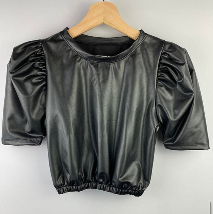 Black Leather Puff Sleeve Top - jernijacks