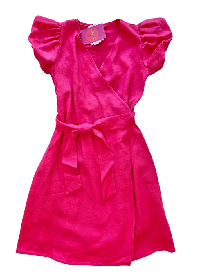 Fuchsia Puff Sleeve Linen Wrap Dress - jernijacks