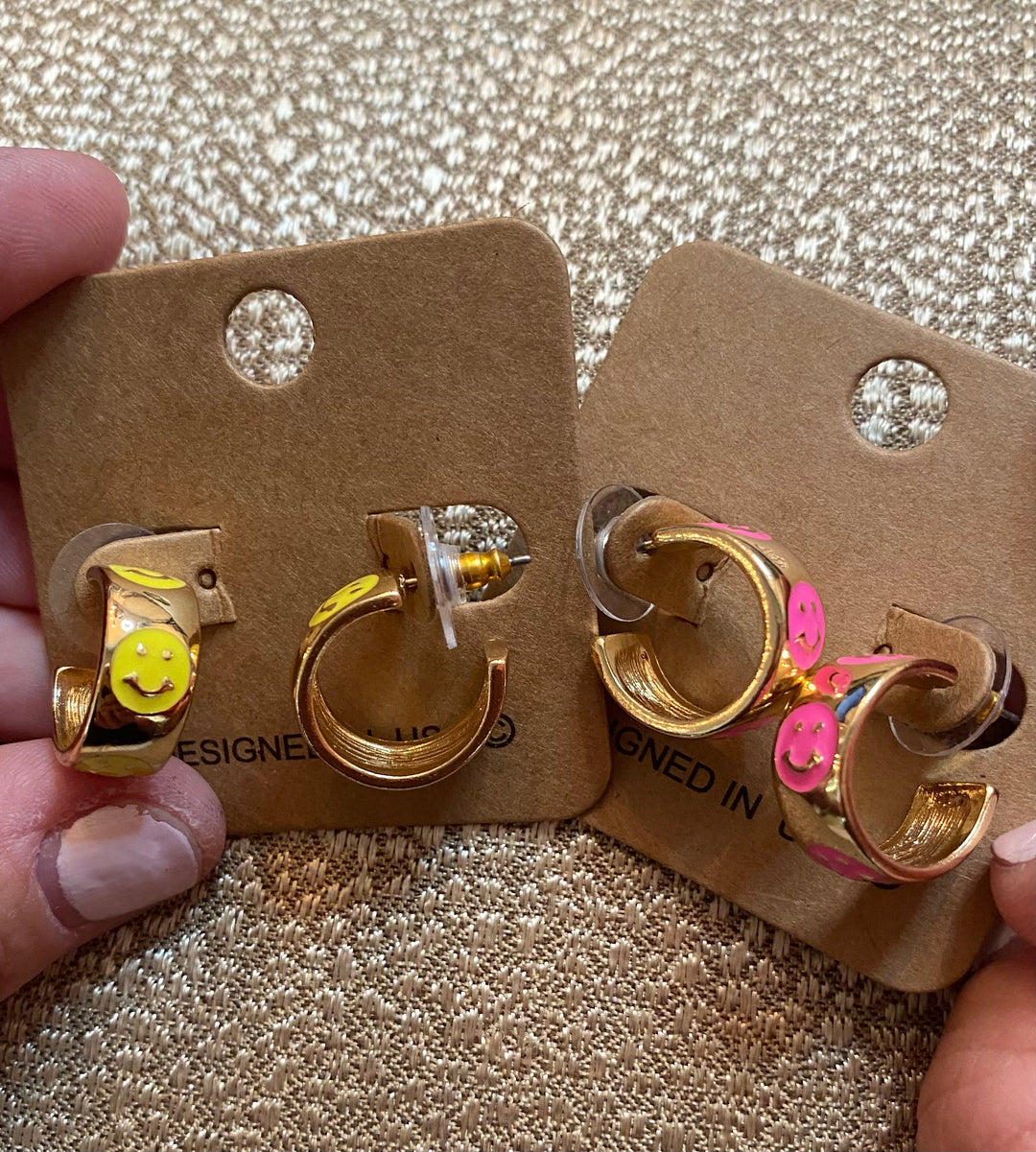 Epoxy Smile Face Gold Hoops